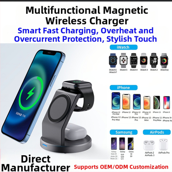 3-in-1 magnētiskais bezvadu lādētājs ar vertikālu tālruņa statīvu un pulksteņa uzlādes atbalstu – 15W ātra uzlāde QC3.0, universāla saderība