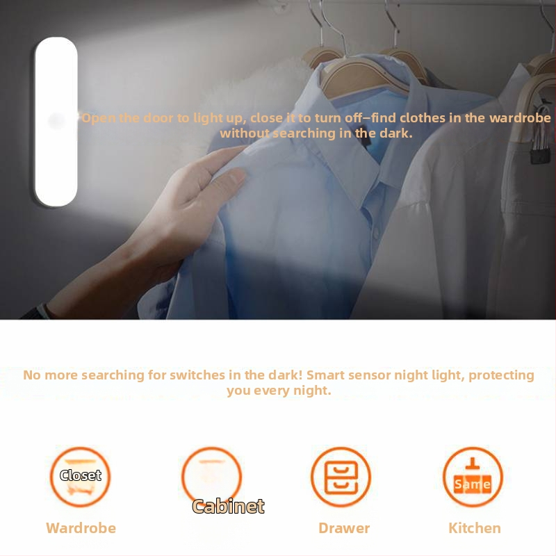 HY-P03 LED лампа за шкаф с датчик за движение, магнитно закрепване, лентаообразна форма, 120° широк ъгъл на детекция, захранване USB 5V