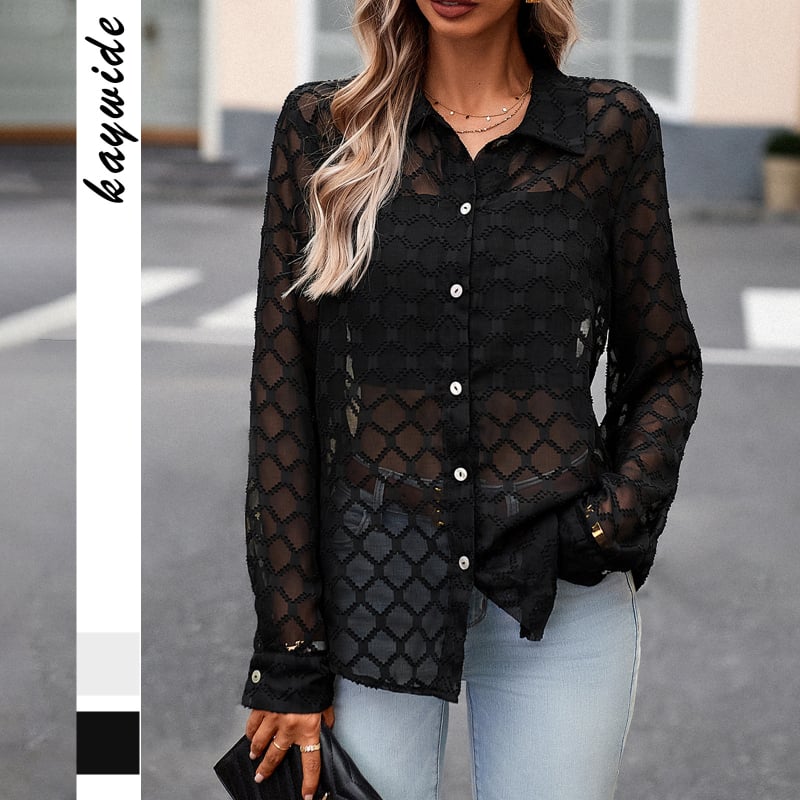 Moteriški permatomi džakardiniai marškiniai su apykakle, ilgomis rankovėmis, vidutinio ilgio 65–80 cm, audinys poliesteris ≥95%