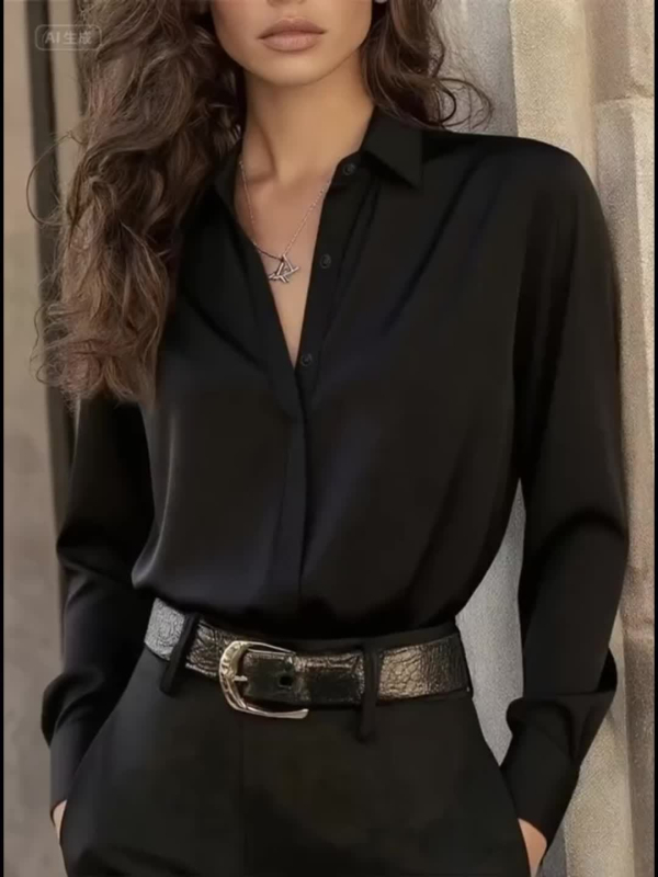 Bluza pentru femei cu guler Turn-Down, mâneci lungi, siluetă A-line, 95% poliester