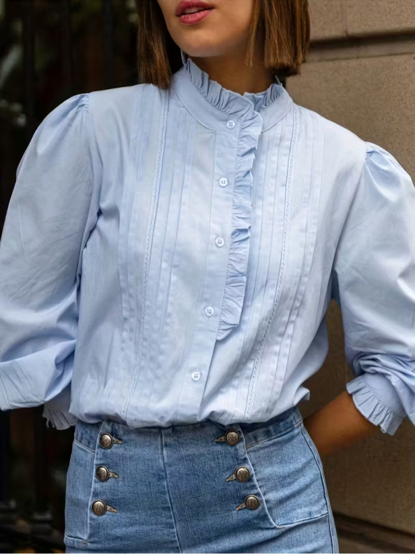 Blūze ar lampasveida piedurknēm, apļveidīgs kakls, elegants ikdienas stils, 95% poliesters