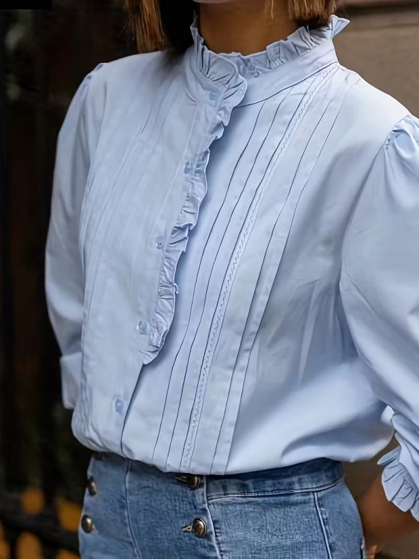 Blūze ar lampasveida piedurknēm, apļveidīgs kakls, elegants ikdienas stils, 95% poliesters