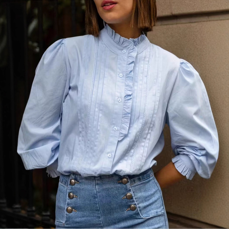 Blūze ar lampasveida piedurknēm, apļveidīgs kakls, elegants ikdienas stils, 95% poliesters