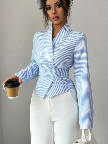 Svītrainas garās piedurknes krekls ar priekšējo mezglu akcentu, četrvirzienu elastīgs poliesters, šaurs griezums