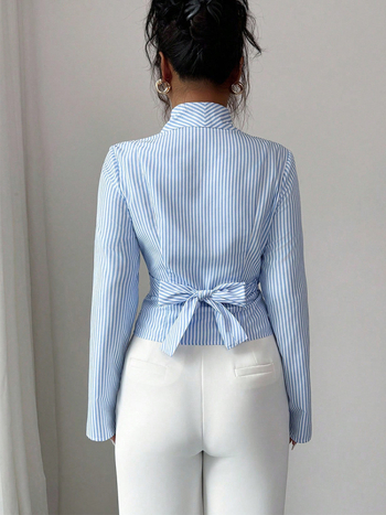 Svītrainas garās piedurknes krekls ar priekšējo mezglu akcentu, četrvirzienu elastīgs poliesters, šaurs griezums