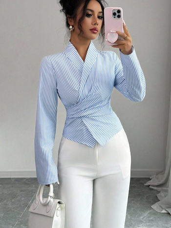 Svītrainas garās piedurknes krekls ar priekšējo mezglu akcentu, četrvirzienu elastīgs poliesters, šaurs griezums