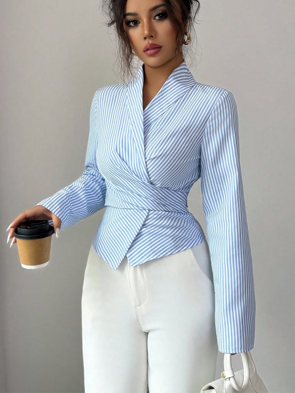 Svītrainas garās piedurknes krekls ar priekšējo mezglu akcentu, četrvirzienu elastīgs poliesters, šaurs griezums