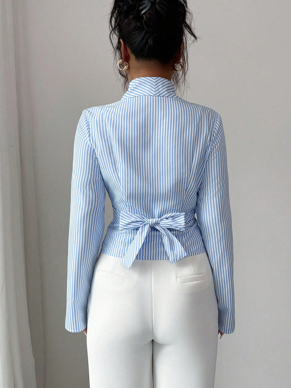 Svītrainas garās piedurknes krekls ar priekšējo mezglu akcentu, četrvirzienu elastīgs poliesters, šaurs griezums