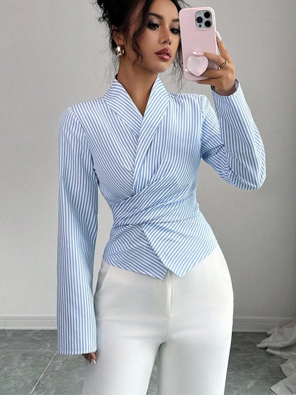 Svītrainas garās piedurknes krekls ar priekšējo mezglu akcentu, četrvirzienu elastīgs poliesters, šaurs griezums