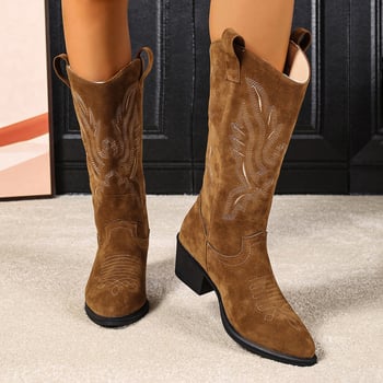 Sieviešu izjādes zābaki, asas purngals, biezi papēdis, vidējais garums kājai, PU augšējā daļa