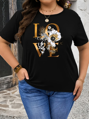 Sievietes kokvilnas T-krekls ar mīlestības ziedu un lapu rakstu, apaļa kakla līnija, īsas piedurknes, vidēja elastība