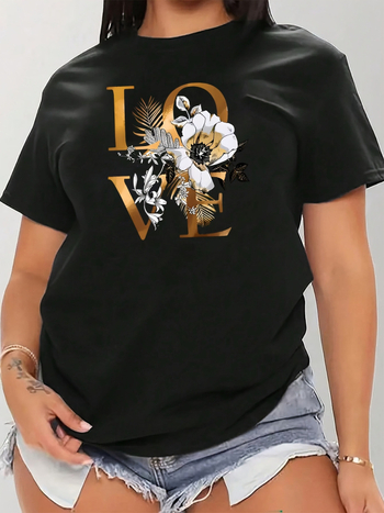 Sievietes kokvilnas T-krekls ar mīlestības ziedu un lapu rakstu, apaļa kakla līnija, īsas piedurknes, vidēja elastība