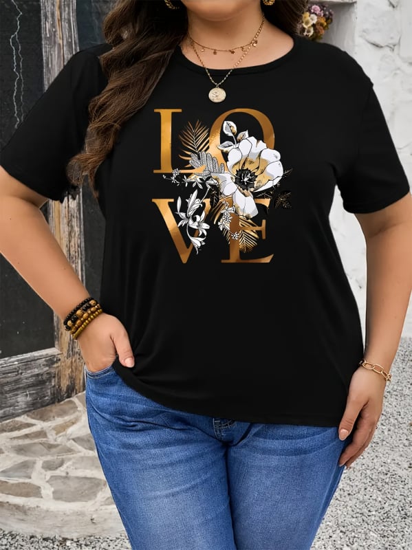 Sievietes kokvilnas T-krekls ar mīlestības ziedu un lapu rakstu, apaļa kakla līnija, īsas piedurknes, vidēja elastība