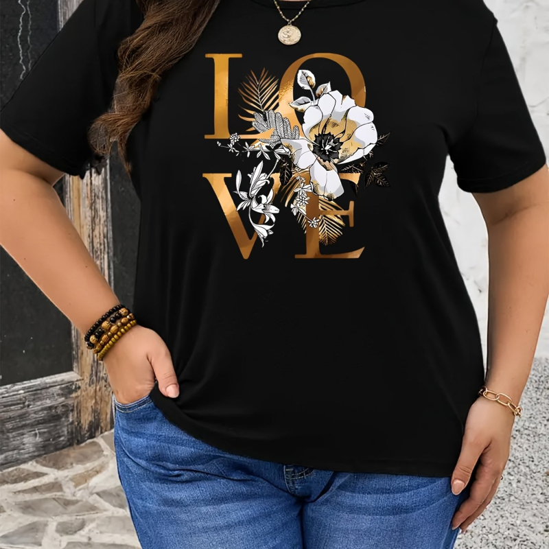 Sievietes kokvilnas T-krekls ar mīlestības ziedu un lapu rakstu, apaļa kakla līnija, īsas piedurknes, vidēja elastība