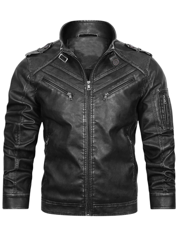 Vīriešu PU ādas jaka - stāvošs apkaklis, rāvējslēdzējs priekšā, poliestera oderde, pavasaris 2025