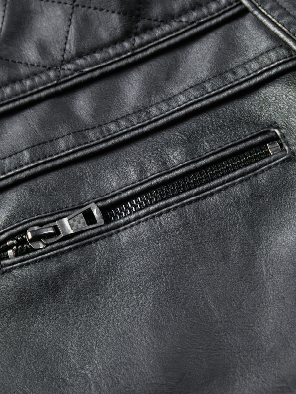 Vīriešu PU ādas jaka - stāvošs apkaklis, rāvējslēdzējs priekšā, poliestera oderde, pavasaris 2025