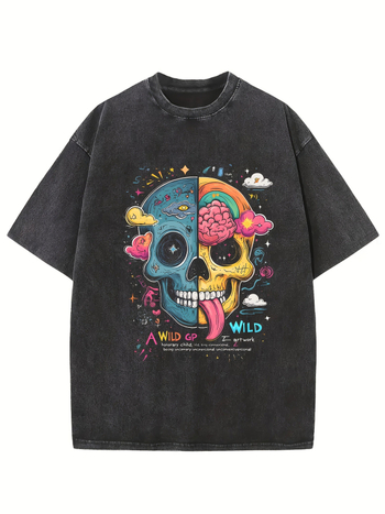 T-krekls ar apļu kaklu, brīvs piegriezums, 100% kokvilna, galvaskausa zīmējums