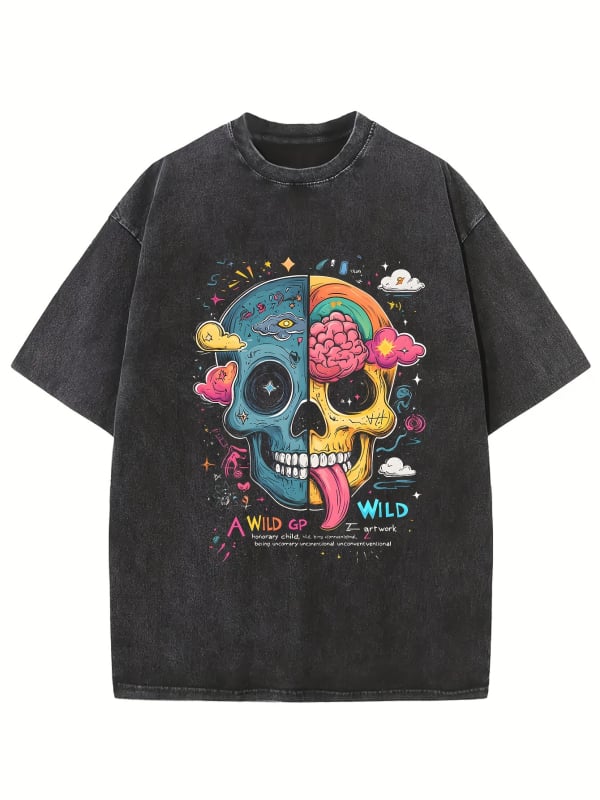 T-krekls ar apļu kaklu, brīvs piegriezums, 100% kokvilna, galvaskausa zīmējums