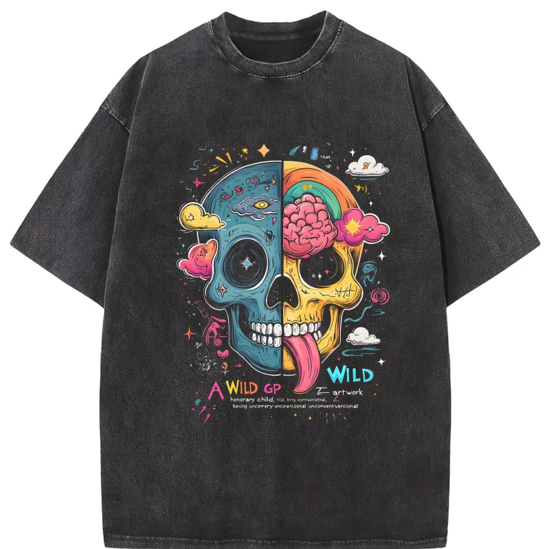 T-krekls ar apļu kaklu, brīvs piegriezums, 100% kokvilna, galvaskausa zīmējums