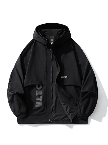 Vīriešu ūdensizturīga ārējā jaka ar kapuci, raglanu piedurkas, rāvējslēdzējs, kabatas ar rāvējslēdzēju, brīvs piegriezums, poliesters