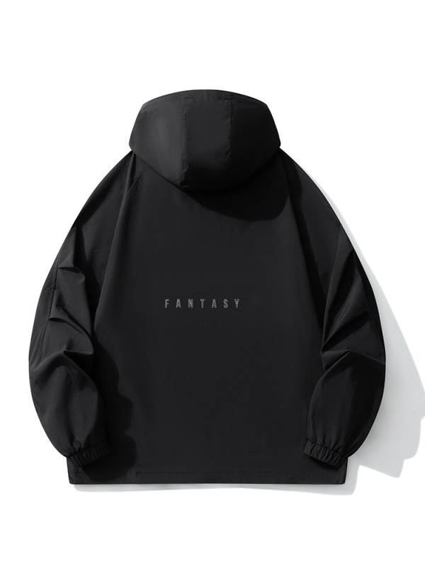 Vīriešu ūdensizturīga ārējā jaka ar kapuci, raglanu piedurkas, rāvējslēdzējs, kabatas ar rāvējslēdzēju, brīvs piegriezums, poliesters