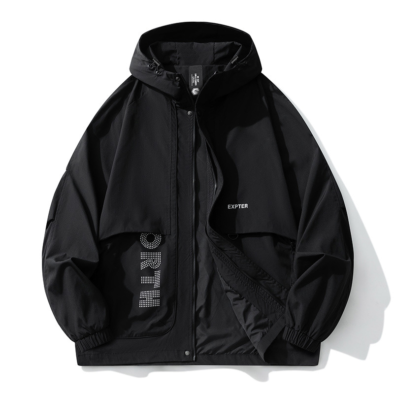 Vīriešu ūdensizturīga ārējā jaka ar kapuci, raglanu piedurkas, rāvējslēdzējs, kabatas ar rāvējslēdzēju, brīvs piegriezums, poliesters