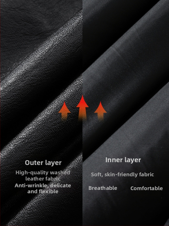 PU ādas jaka ar stāvošu kaklu, rāvējslēdzējs, brīvs siluets, garas piedurknes, poliestera iekšdaļa, ūdensnecaurlaidīga un vēja izturīga, rudens kolekcija