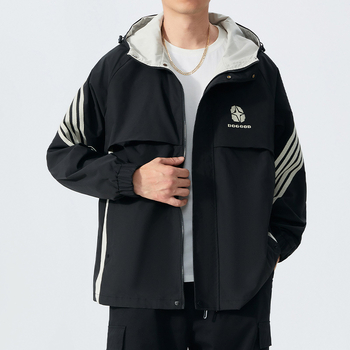 Vīriešu kapucēta vēja jaka ar rāvējslēdzēju priekšā, brīvs piegriezums, ārējais materiāls un oderes materiāls 100% poliesters, piemērots pavasarim un rudenim