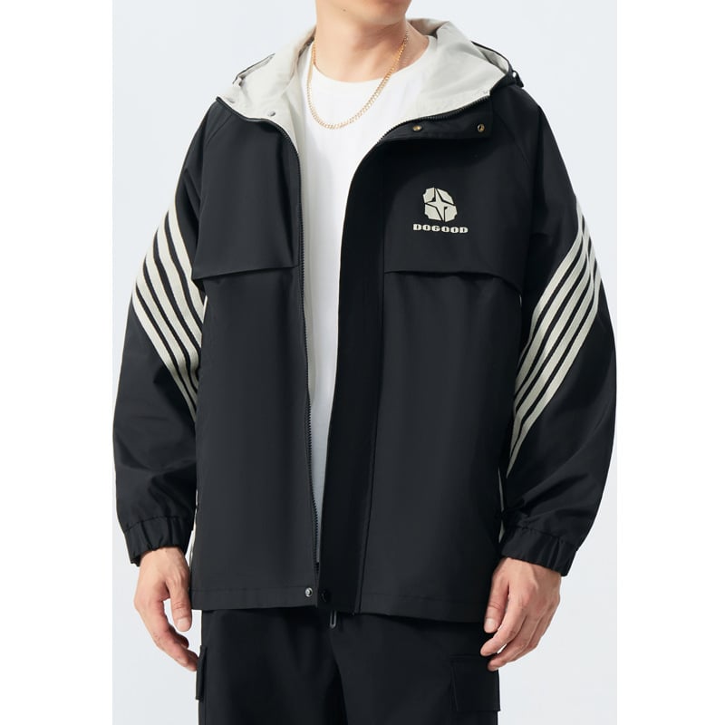 Vīriešu kapucēta vēja jaka ar rāvējslēdzēju priekšā, brīvs piegriezums, ārējais materiāls un oderes materiāls 100% poliesters, piemērots pavasarim un rudenim