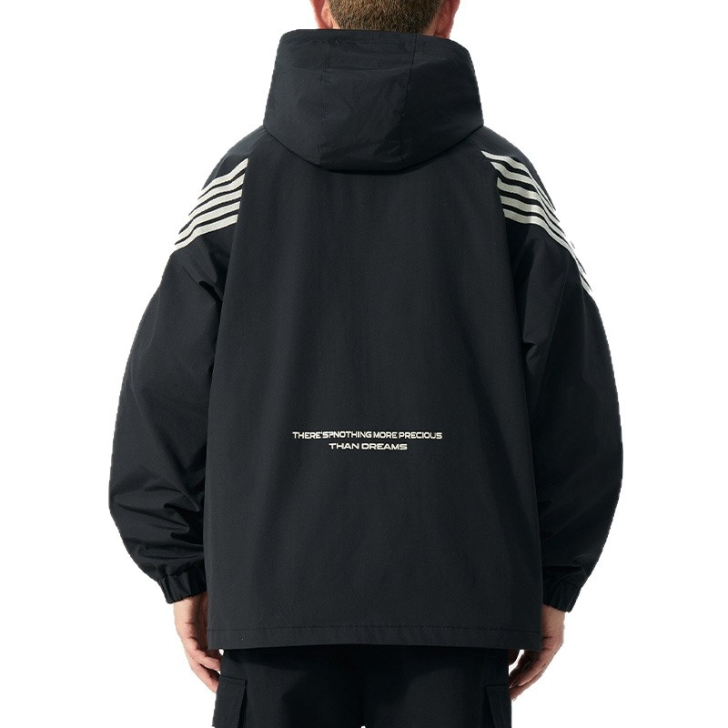 Vīriešu kapucēta vēja jaka ar rāvējslēdzēju priekšā, brīvs piegriezums, ārējais materiāls un oderes materiāls 100% poliesters, piemērots pavasarim un rudenim