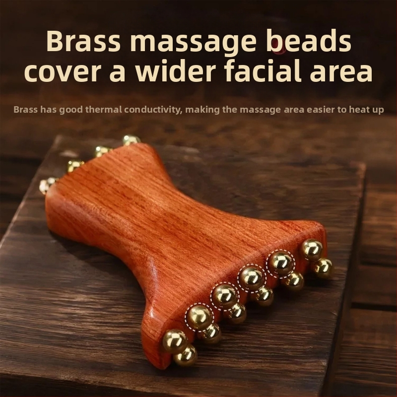Nástroj na masáž tváre z Huanghuali Rosewood a mosadzových korálok, drevená konštrukcia, 90 g, značka Ruilin