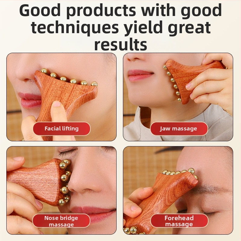 Nástroj na masáž tváre z Huanghuali Rosewood a mosadzových korálok, drevená konštrukcia, 90 g, značka Ruilin