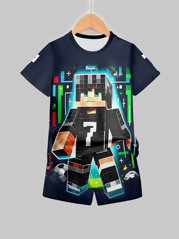 Berniukams: 3D spausdintas kasdienis dviejų dalių komplektas su trumpomis rankovėmis marškinėliu ir šortais, Europos ir Amerikos stilius, poliesteris.