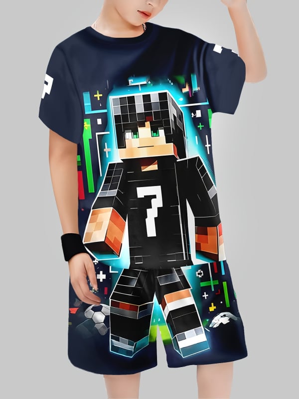 Berniukams: 3D spausdintas kasdienis dviejų dalių komplektas su trumpomis rankovėmis marškinėliu ir šortais, Europos ir Amerikos stilius, poliesteris.
