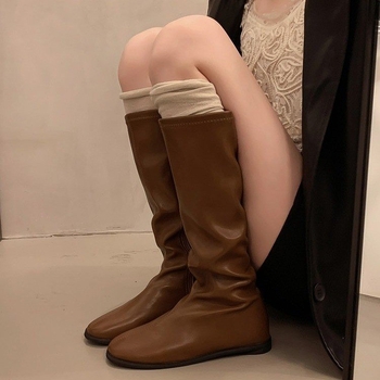 Cizme de echitație feminine, stil coreean, PU, vârf rotund, talpă plată, tub înalt, până la genunchi