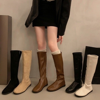 Cizme de echitație feminine, stil coreean, PU, vârf rotund, talpă plată, tub înalt, până la genunchi