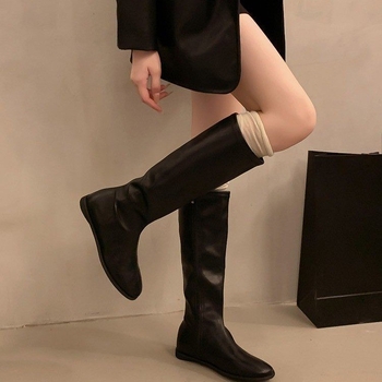 Cizme de echitație feminine, stil coreean, PU, vârf rotund, talpă plată, tub înalt, până la genunchi