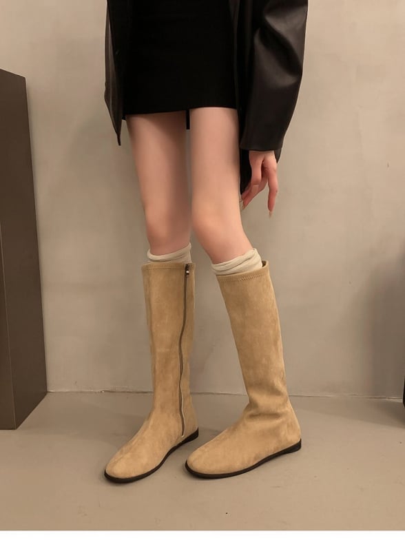 Cizme de echitație feminine, stil coreean, PU, vârf rotund, talpă plată, tub înalt, până la genunchi