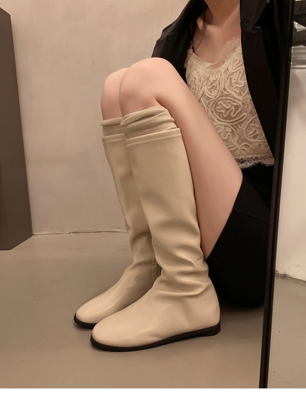 Cizme de echitație feminine, stil coreean, PU, vârf rotund, talpă plată, tub înalt, până la genunchi