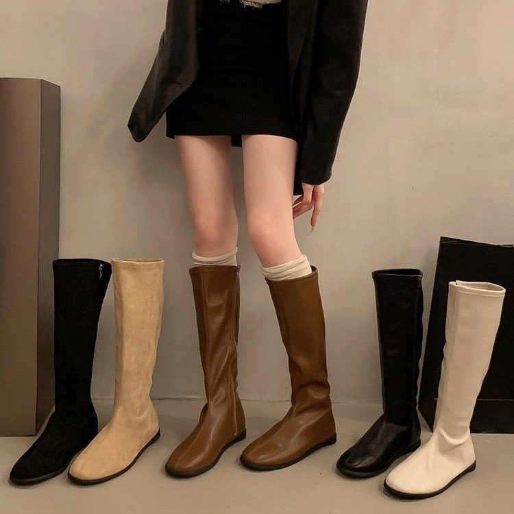 Cizme de echitație feminine, stil coreean, PU, vârf rotund, talpă plată, tub înalt, până la genunchi