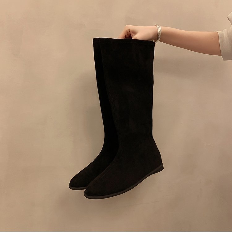 Cizme de echitație feminine, stil coreean, PU, vârf rotund, talpă plată, tub înalt, până la genunchi