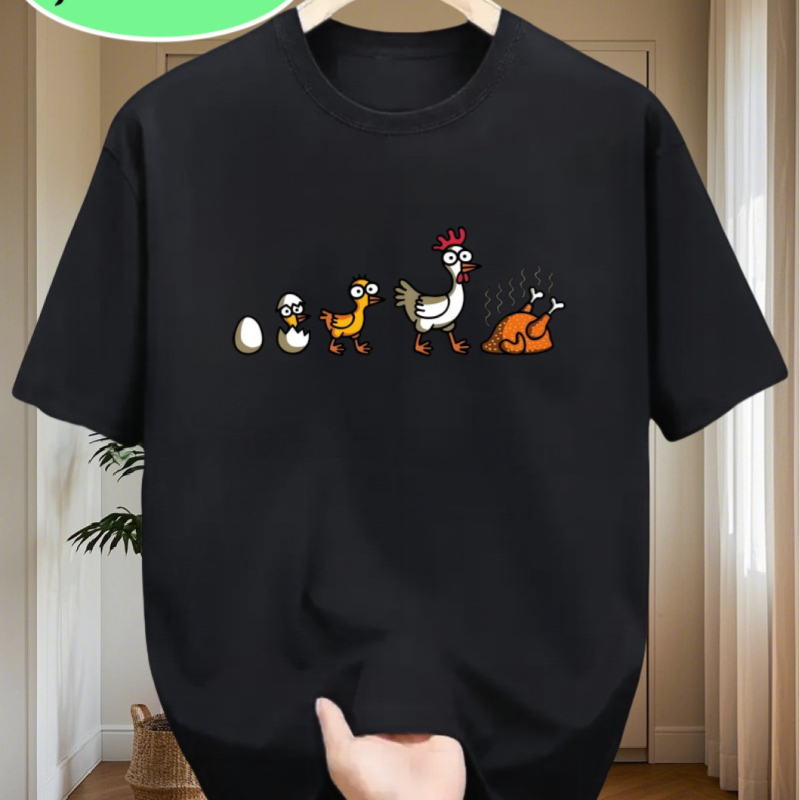 Marškinėliai iš 96% medvilnės, apvali kaklo, trumpomis rankovėmis, karikatūrinis Kalėdų vištos atvaizdas, šilumos perkėlimas
