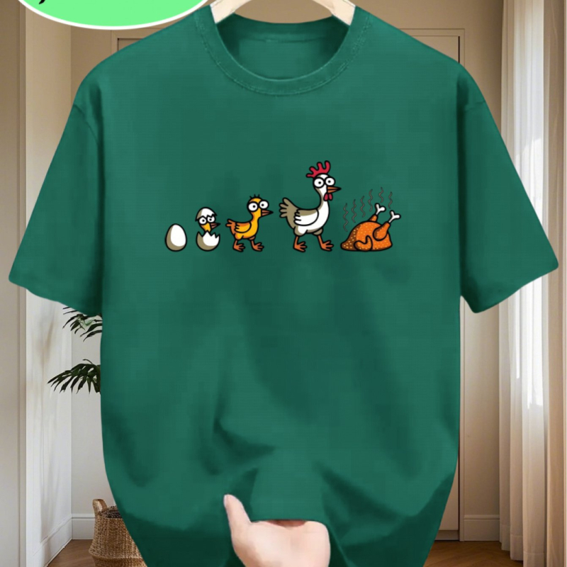Marškinėliai iš 96% medvilnės, apvali kaklo, trumpomis rankovėmis, karikatūrinis Kalėdų vištos atvaizdas, šilumos perkėlimas