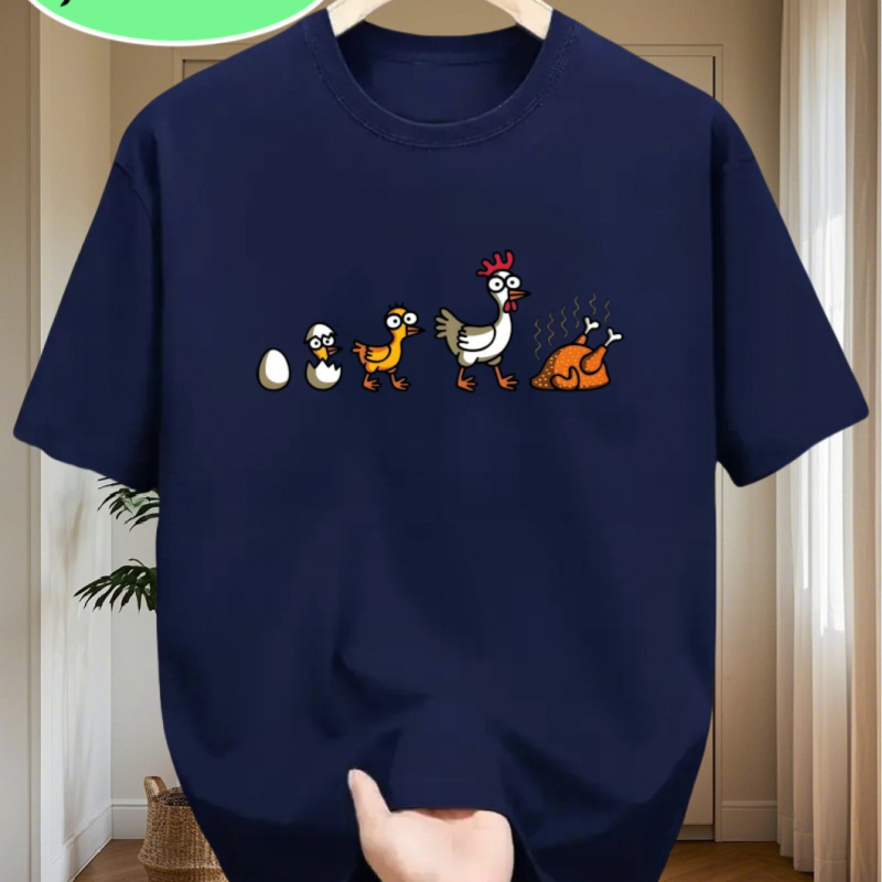 Marškinėliai iš 96% medvilnės, apvali kaklo, trumpomis rankovėmis, karikatūrinis Kalėdų vištos atvaizdas, šilumos perkėlimas