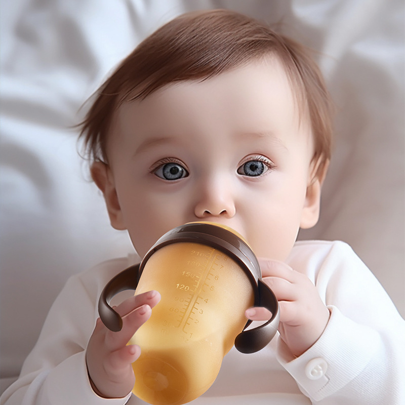 Yixin silikonska bočica za hranjenje, s širokim otvorom, konusnog oblika, s držačem, otisnutim logom