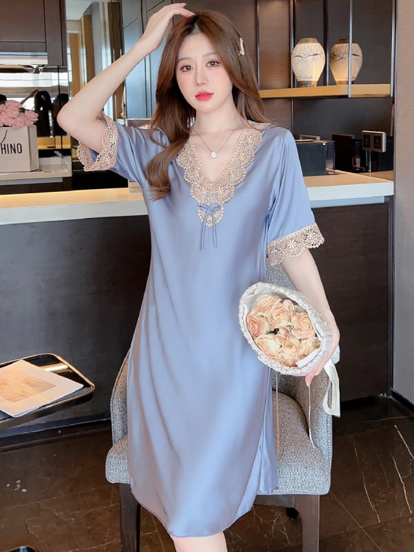 Női ice silk hálóing, vékony anyag, V-nyakú, 3/4 ujjas, poliészter