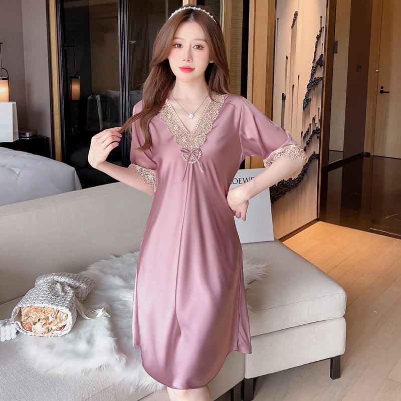 Női ice silk hálóing, vékony anyag, V-nyakú, 3/4 ujjas, poliészter