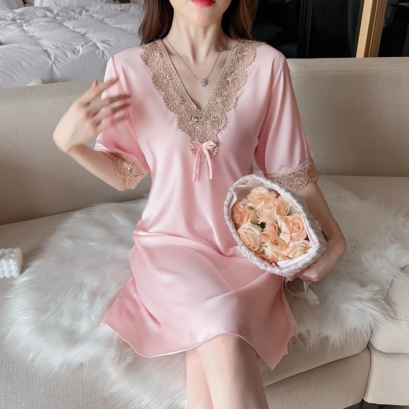 Női ice silk hálóing, vékony anyag, V-nyakú, 3/4 ujjas, poliészter