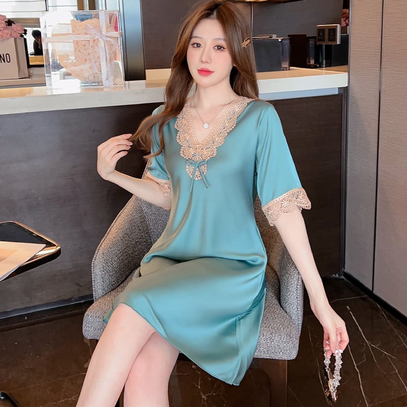 Női ice silk hálóing, vékony anyag, V-nyakú, 3/4 ujjas, poliészter