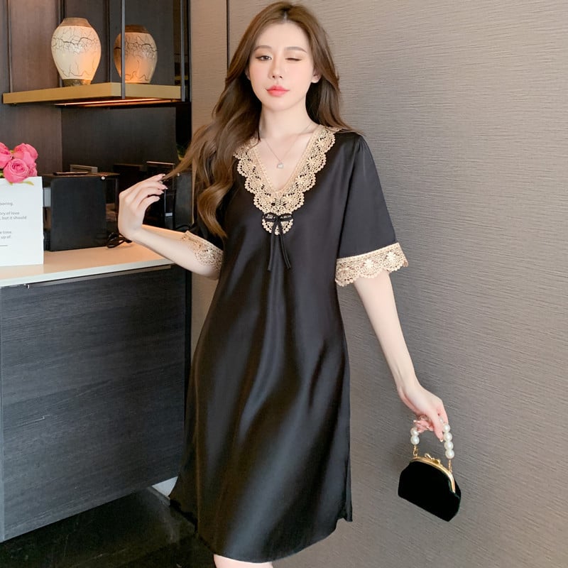 Női ice silk hálóing, vékony anyag, V-nyakú, 3/4 ujjas, poliészter